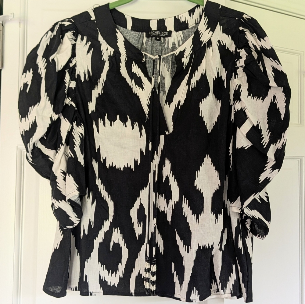 Rachel Zoe Black & Cream Ikat Print Puff Sleeve Blouse - SZ M